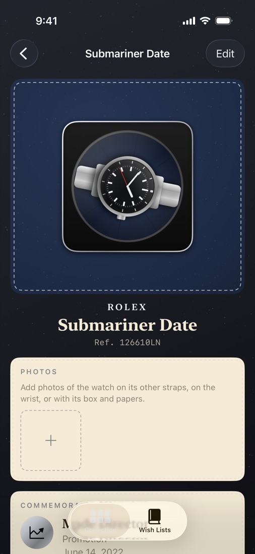 A Rolex Submariner's details, marking a promotion