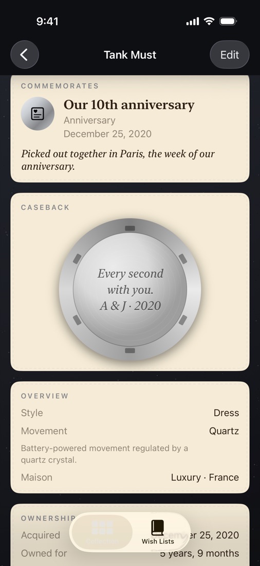 A Cartier Tank's caseback engraved “Every second with you”