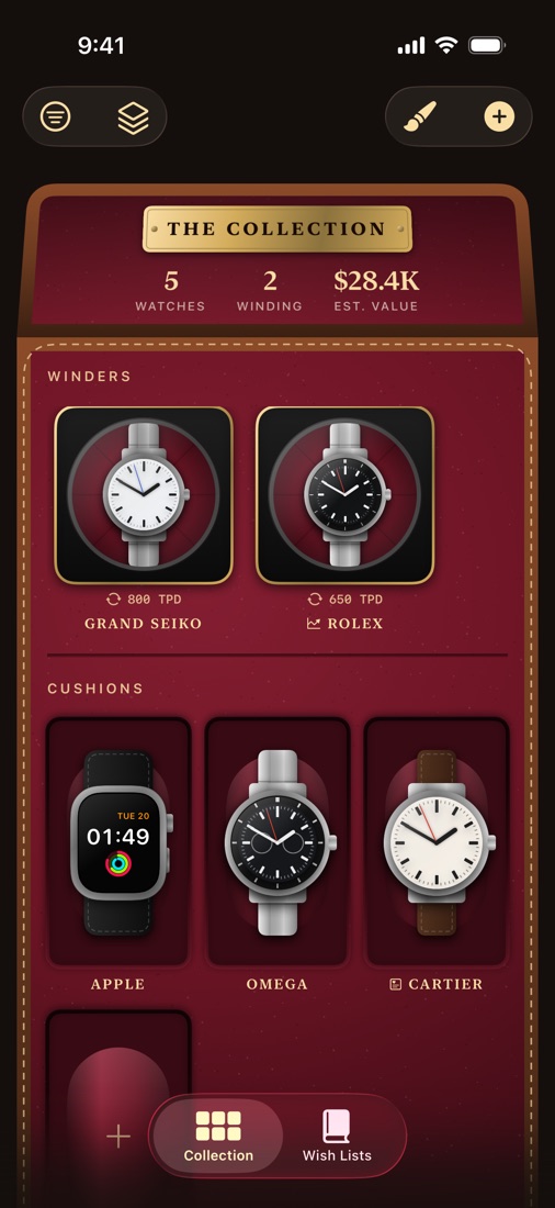The watch box in the Cognac theme, with red velvet and gold