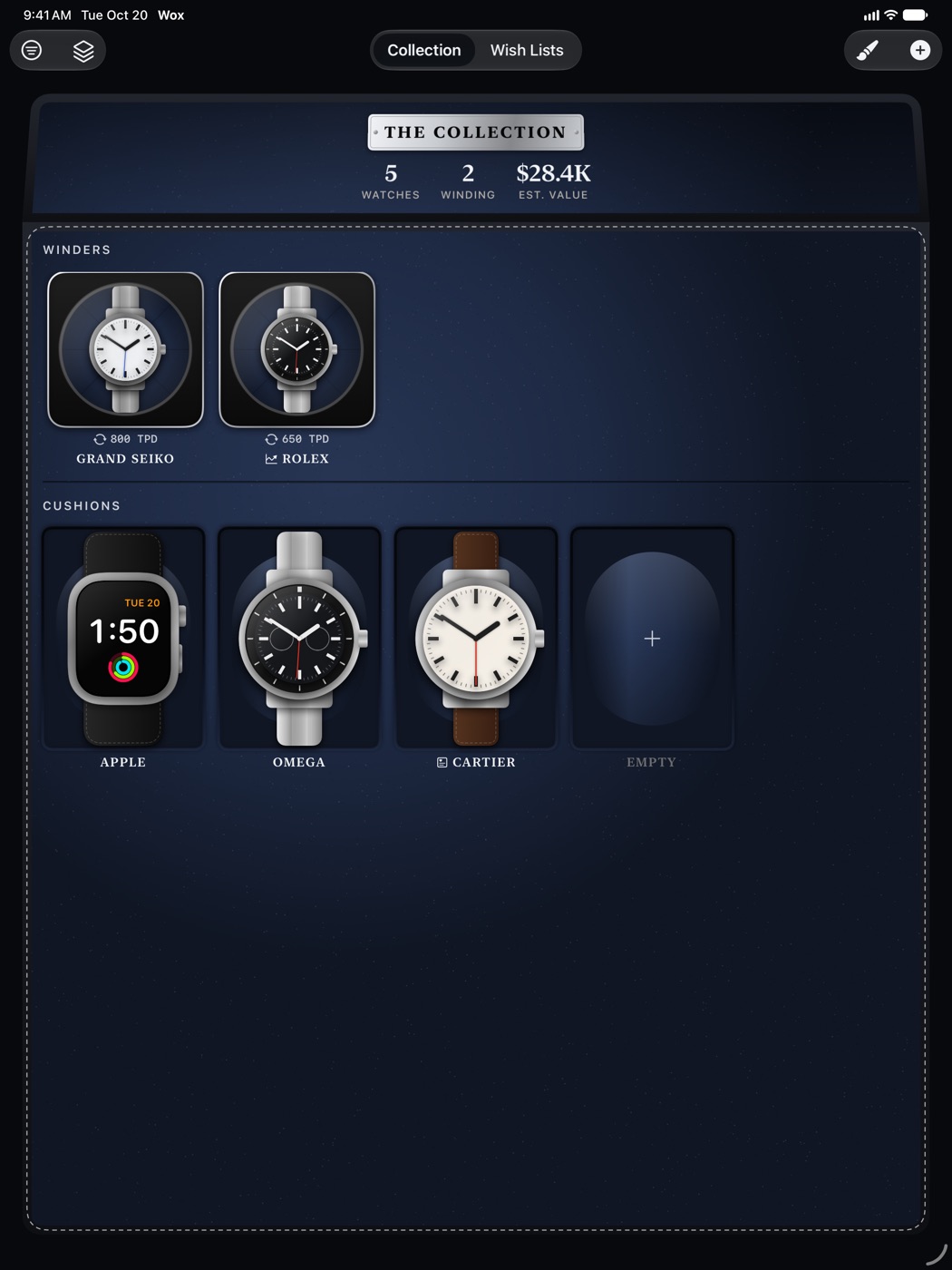 Wox on iPad, with the collection in a wide watch box